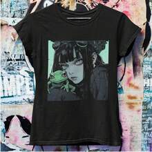 90s Anime Girl Frog Shirt  Pastel Goth Clot1hing  Grunge Aesthetic  Goth Crop Top  Harajuku Clot1hing - Negro - Ver 1