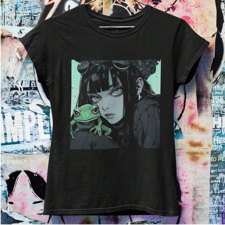 90s Anime Girl Frog Shirt Pastel Goth Clot1hing Grunge Aesthetic Goth Crop Top Harajuku Clot1hing - Negro - Ver 1