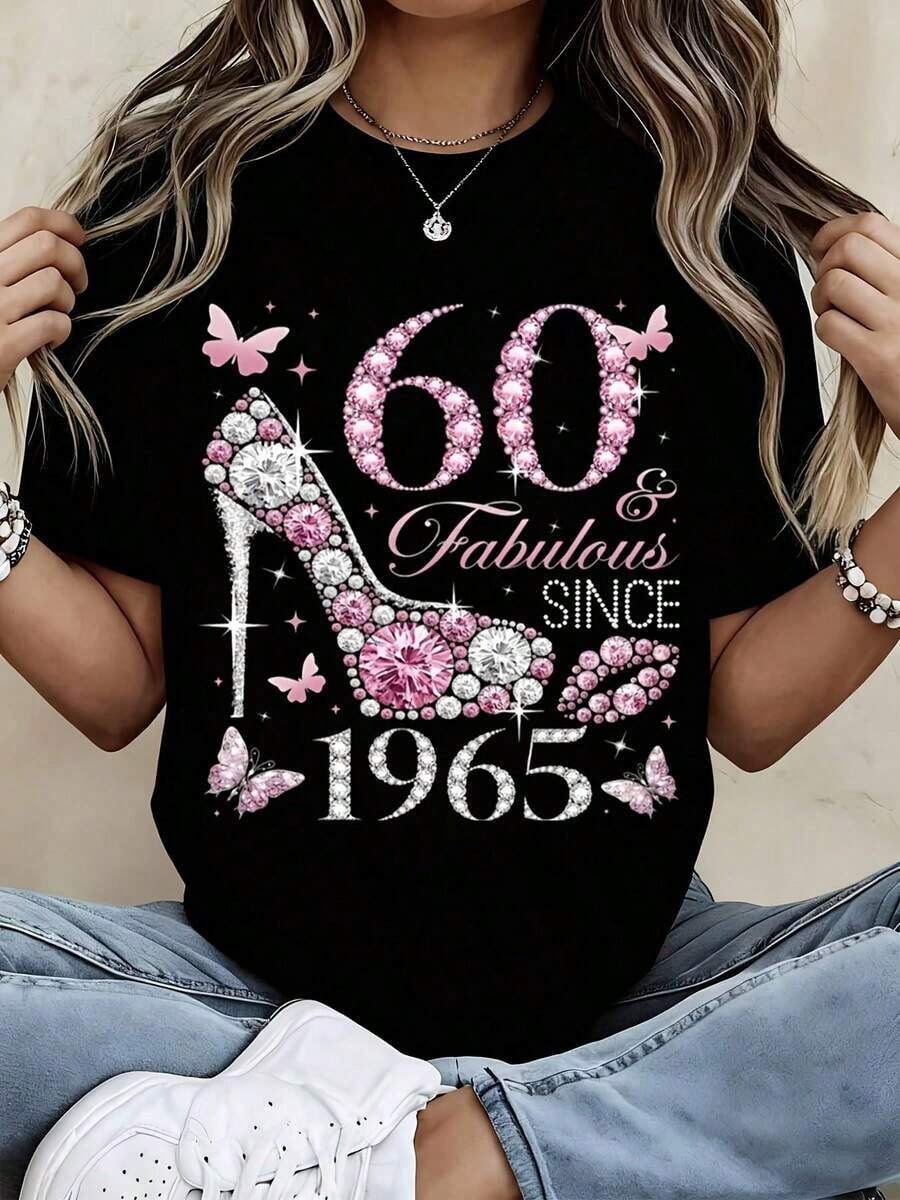 Women's Summer Casual Shirt With 'High Heel And 60 Fabulous Since 1965' Print, Short Sleeve For Casual And Sporty Outfits - 黑色 - 查看 1