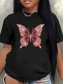 Polyester Short-Sleeved T-Shirt, Adorned With A Pink Rhinestone Butterfly Pattern, Lightweight And Durable, Suitable For Home, Cafes, Or Casual Outdoor Wear; A Stylish And Comfortable Everyday Garment. Women's Blouses > Clothing - 黑色 - 查看 7