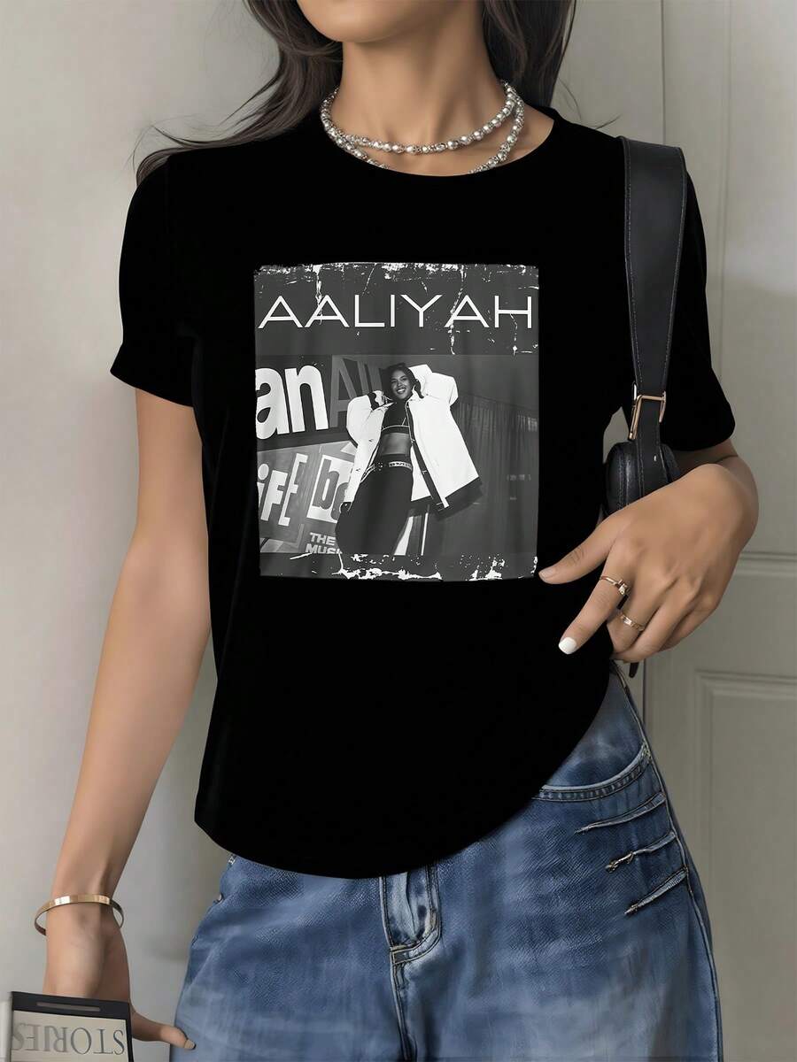Artistic Image Depicting A Confident Female Silhouette Against Urban Lettering, Conveying Modern Strength And Creative Freedom. Casual Women's T-Shirt For Everyday Wear, Comfortable And Stylish. - 黑色 - 查看 1