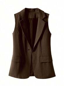 Chaleco blazer regular de mujer con parches a rayas y un solo botón, unicolor con bolsillo y botón, para uso en oficina en primavera - Café integral - Ver 4