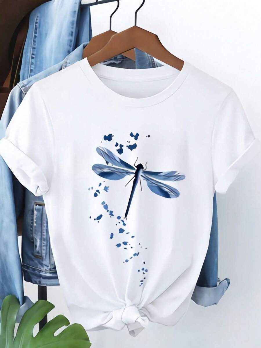 Women's Short Sleeve T-Shirt With Dragonfly And Flower Print, Versatile, Easy Care, Fashionable Casual Style, Suitable For Everyday Wear - 白色 - 查看 1