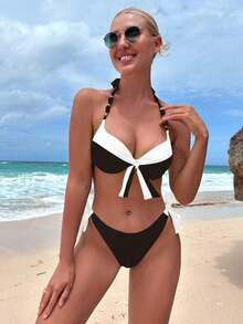 Conjunto de bikini de dos piezas de cobertura completa con aros de realce, liso, para playa de verano - Blanco y Negro - Ver 3
