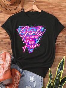 Women's 80s Retro Graphic T-Shirt "Just Wanna Have Fun" - Casual Short Sleeve Crew Neck Geometric Print Tee, Vintage Inspired Semi-Sheer Summer & Spring Casual Outfit, Relaxed Fit Shirt - 黑色 - 查看 8