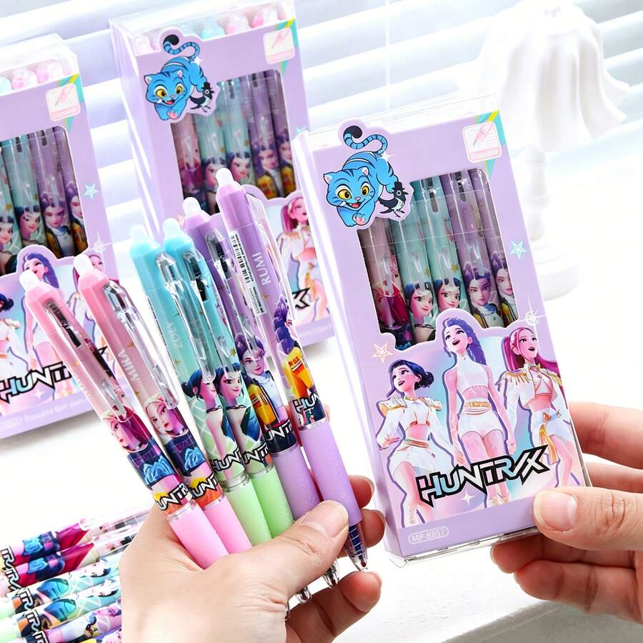 12pcs K-POP Style Erasable Gel Pens, 0.5mm Blue Ink Retractable Pens For Students - Multicolor - View 1