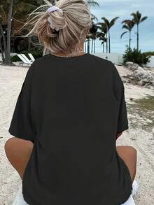 Women's Oversized Loose Fit Summer T-Shirt With Circular Face Line Print And Color Block Pattern - Black - View 2