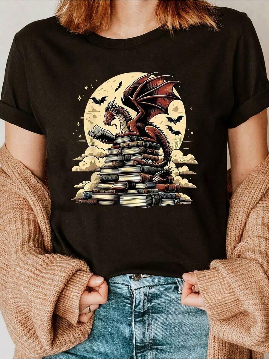 Camiseta de lector de libros y amante de libros con diseño de dragón - Negro - Ver 1
