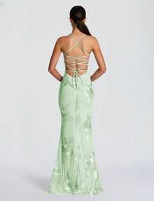 Shiny Floral Embroidered Elegant Sexy Semi-Sheer Backless Floral Mesh Dress, Suitable For Party, Anniversary, Graduation, Formal Dinner - Mint Green - View 4