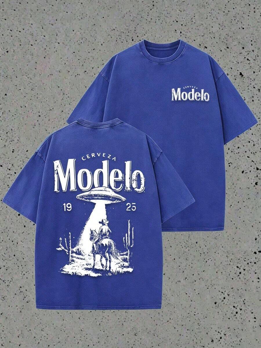 Plus Size Tops, Changes Modelo Cowboy Rope Print T-Shirt, Casual, Heavy Cotton, Summer, Unisex, Free Shipping - 藍色 - 查看 1