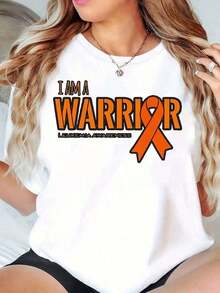 Women's Modern Minimalist Crew Neck T-Shirt, Orange Leukemia Awareness Ribbon Print, Vintage Casual Style, Unisex, Loose Sleeve, For Everyday Wear - 白色 - 查看 1