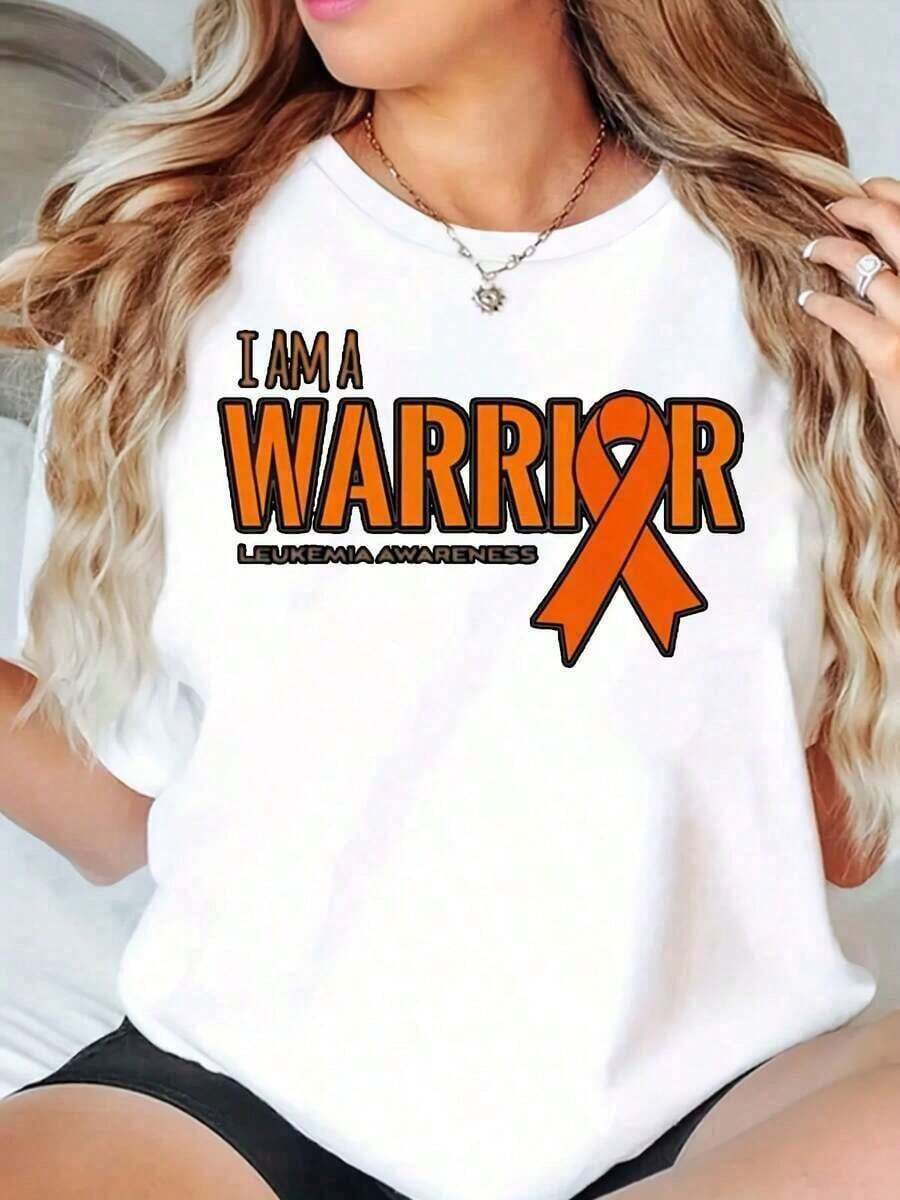Women's Modern Minimalist Crew Neck T-Shirt, Orange Leukemia Awareness Ribbon Print, Vintage Casual Style, Unisex, Loose Sleeve, For Everyday Wear - 白色 - 查看 1