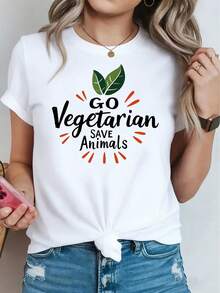 Women's T-Shirt With "GO Vegetarian SAVE Animals" Slogan Print (Green Leaf Vegetarianism),  Sportswear For Vegetarian Restaurants, Fresh And Powerful Short Sleeve Style, Stylish T-Shirt For Women - 白色 - 查看 1