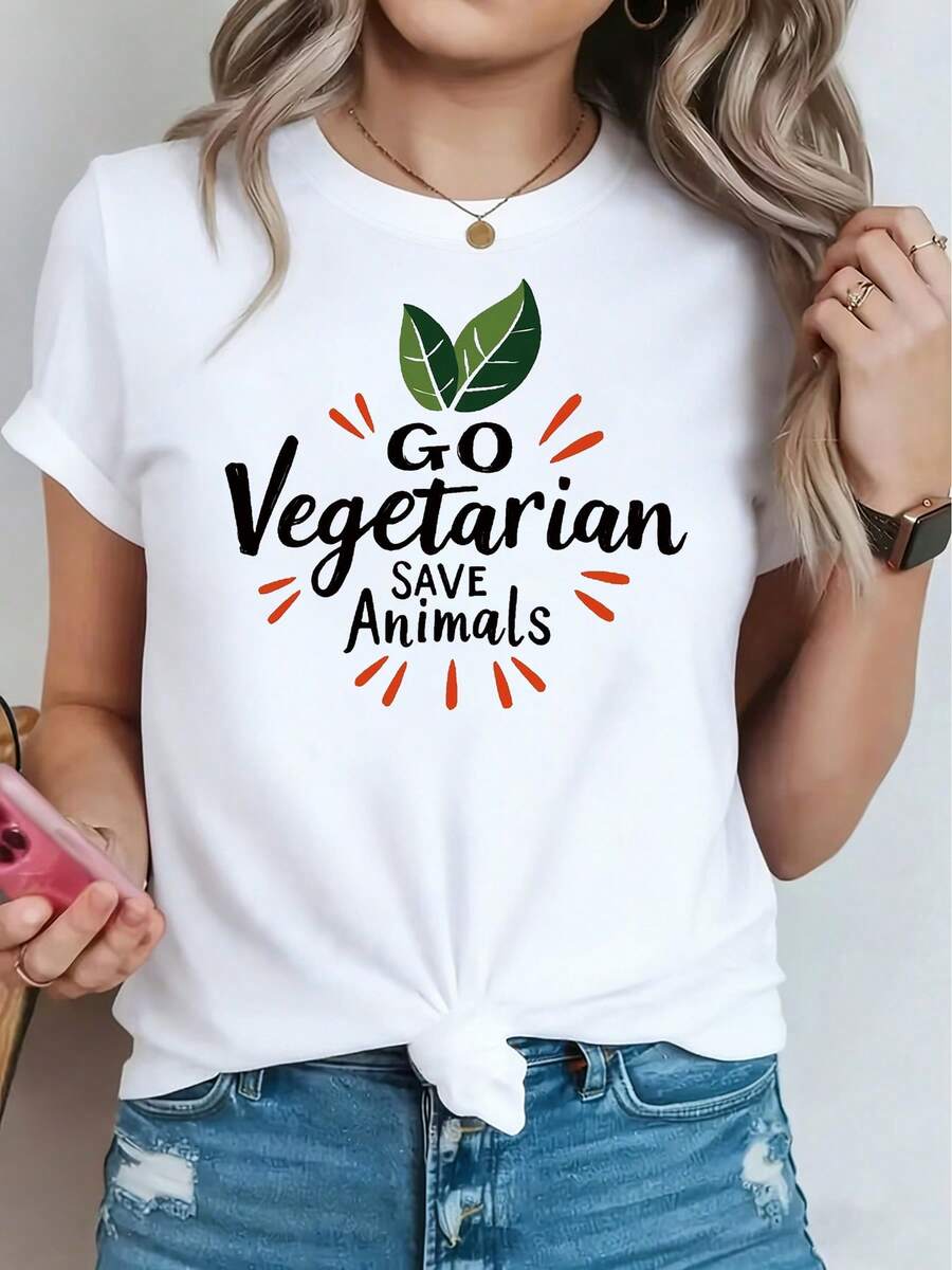 Women's T-Shirt With "GO Vegetarian SAVE Animals" Slogan Print (Green Leaf Vegetarianism), Sportswear For Vegetarian Restaurants, Fresh And Powerful Short Sleeve Style, Stylish T-Shirt For Women - 白色 - 查看 1