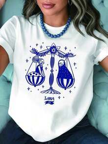 Pure Cotton T-Shirt, 2026 Style - Zodiac Series Design T-Shirt With Letter Patterns, White Short-Sleeved Crew Neck Printed T-Shirt - Machine Washable, Suitable For Spring, Summer And Autumn, Casual Style, Comfortable Fit, Y Design. Women's Casual Short-Sleeved T-Shirt, Standard Size, Basic T-Shirt - Vintage T-Shirt. - 白色 - 查看 1