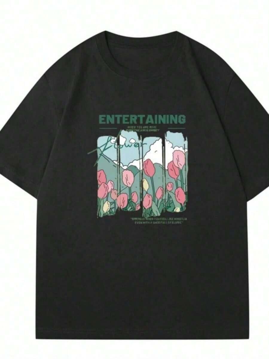 Printed T-Shirts For Women, Oversized Urban Style Tops, Comfortable And Stylish Summer T-Shirts That Go With Everything. Floral And Comic Print T-Shirts For Women, Beige Urban Summer T-Shirts, Casual Short-Sleeve Graphic Tees For Women. - 黑色 - 查看 1