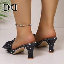 Women Open Toe Polka Dot Block Heel Mules, Big Front Bow Decor Slip On Dress Party Daily Wear Heel Shoes - Black - View 4