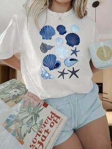 Camiseta Casual de Verano para Mujer Camiseta de Manga Corta con Cuello Redondo para Mujer Camiseta Negra con Estampado de Conchas Marinas para Mujer, Top Casual de Verano para la Playa, Camiseta con Gráficos de Temática Oceánica Estampados Divertidos Ideales para Fiestas de Navidad, Actividades Deportivas, Fiestas de Vacaciones, Salidas, Deportes y Otros Regalos Festivos - Blanco - Ver 7