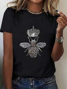 Women's Casual Summer T-Shirt, 1 Piece, 100% Pure Cotton, Bee Crown Print T-Shirt, Short Sleeve Round Neck T-Shirt For Spring And Summer, Breathable Pure Cotton Casual Sports Top, Holiday Gift - 黑色 - 查看 12