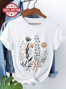 Spring And Summer Casual Women'S Top With A Fresh Floral Print, Featuring Branches And Leaves, Round Neck, Pure Short-Sleeve T-Shirt [Ling]Winter Clothes For Women - 白色 - 查看 7