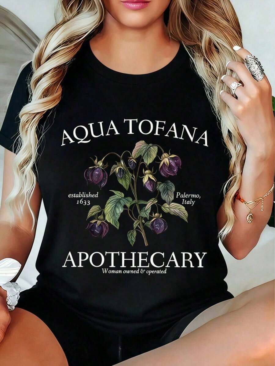 1 Piece - Women's Plus Size Summer Set, Aqua Tofana Pharist Floral Print T-Shirt, Perfect For Vintage Style Enthusiasts Looking For Elegant Women's Clothing, Style: Round Neck, Short Sleeve, Loose Fit, 180g 100% Cotton. - 黑色 - 查看 1