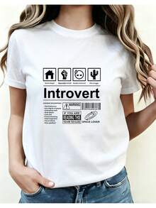 Women's T-Shirt Short Sleeve Round Neck T-Shirt For Women, With Graphic Print Of Creative INTROVERT Icons, Warning Sign And Barcode, Comfortable And Casual Fit For Summer. - 白色 - 查看 1