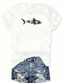1 Piece Of Round Neck T-Shirt With Floral Shark Silhouette Graphic Print, Casual Short Sleeve T-Shirt For Spring And Summer, Women's Clothing, 180g 100% Cotton. - 白色 - 查看 1