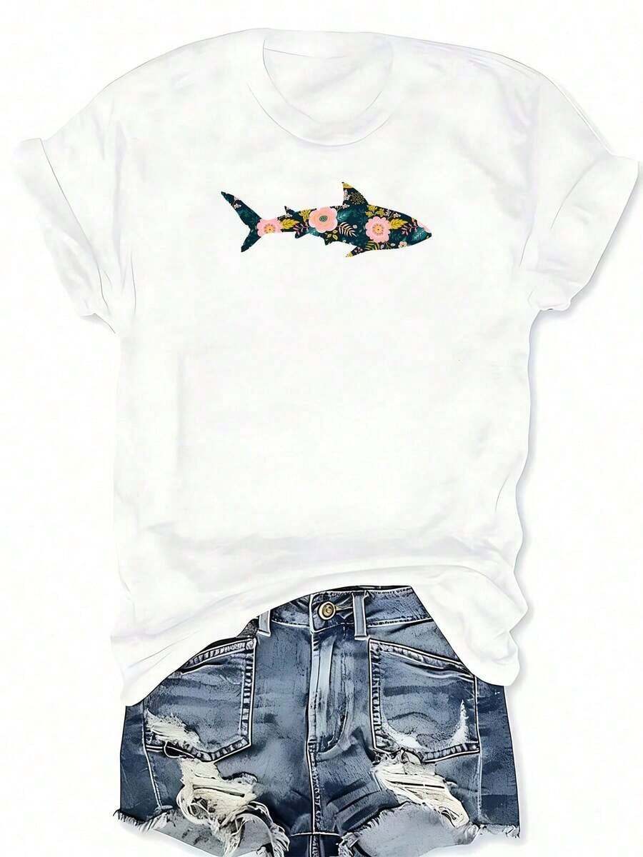 1 Piece Of Round Neck T-Shirt With Floral Shark Silhouette Graphic Print, Casual Short Sleeve T-Shirt For Spring And Summer, Women's Clothing, 180g 100% Cotton. - 白色 - 查看 1