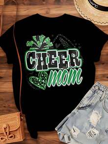 "Cheer Mom" T-Shirt With Green Leopard Print And Pom-Pom Design For Cheerleader Moms, St. Patrick's Day Gift, 220g - Urban Vintage Style, Unisex, Cotton, Short Sleeve, Round Neck, 100% Cotton. - 黑色 - 查看 4