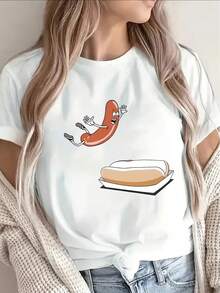 Lightweight And Durable T-Shirt With A Fun Sausage Graphic, Ideal For Casual Outings At Home, Restaurants Or Outdoors, Guaranteeing Comfort And A Touch Of Fun Every Day. - 白色 - 查看 6