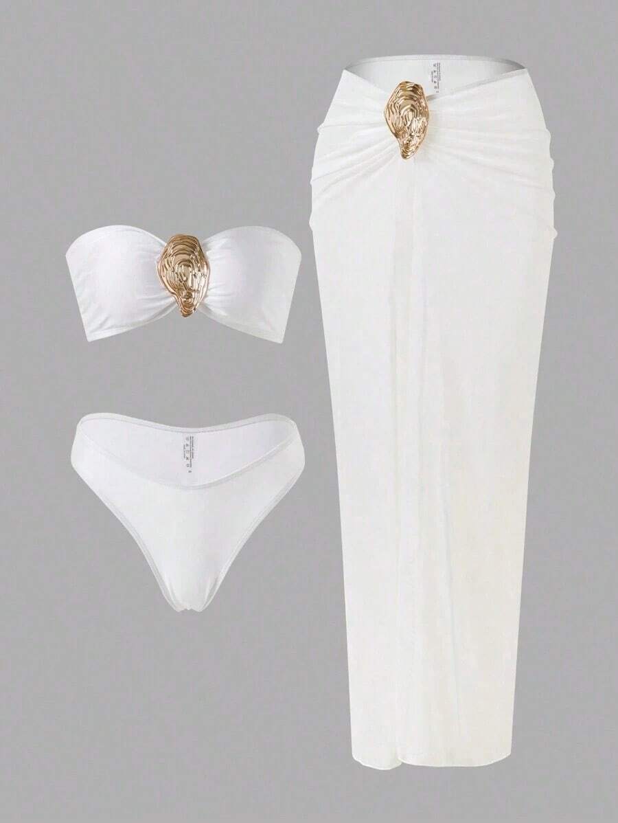 Swim Oasis Conjunto de 3 piezas para la playa para mujer: Top de bikini sin tirantes, falda larga transparente para la playa, traje de baño sexy con espalda descubierta, accesorios decorativos dorados elegantes, estilo para vacaciones de verano - Blanco - Ver 1