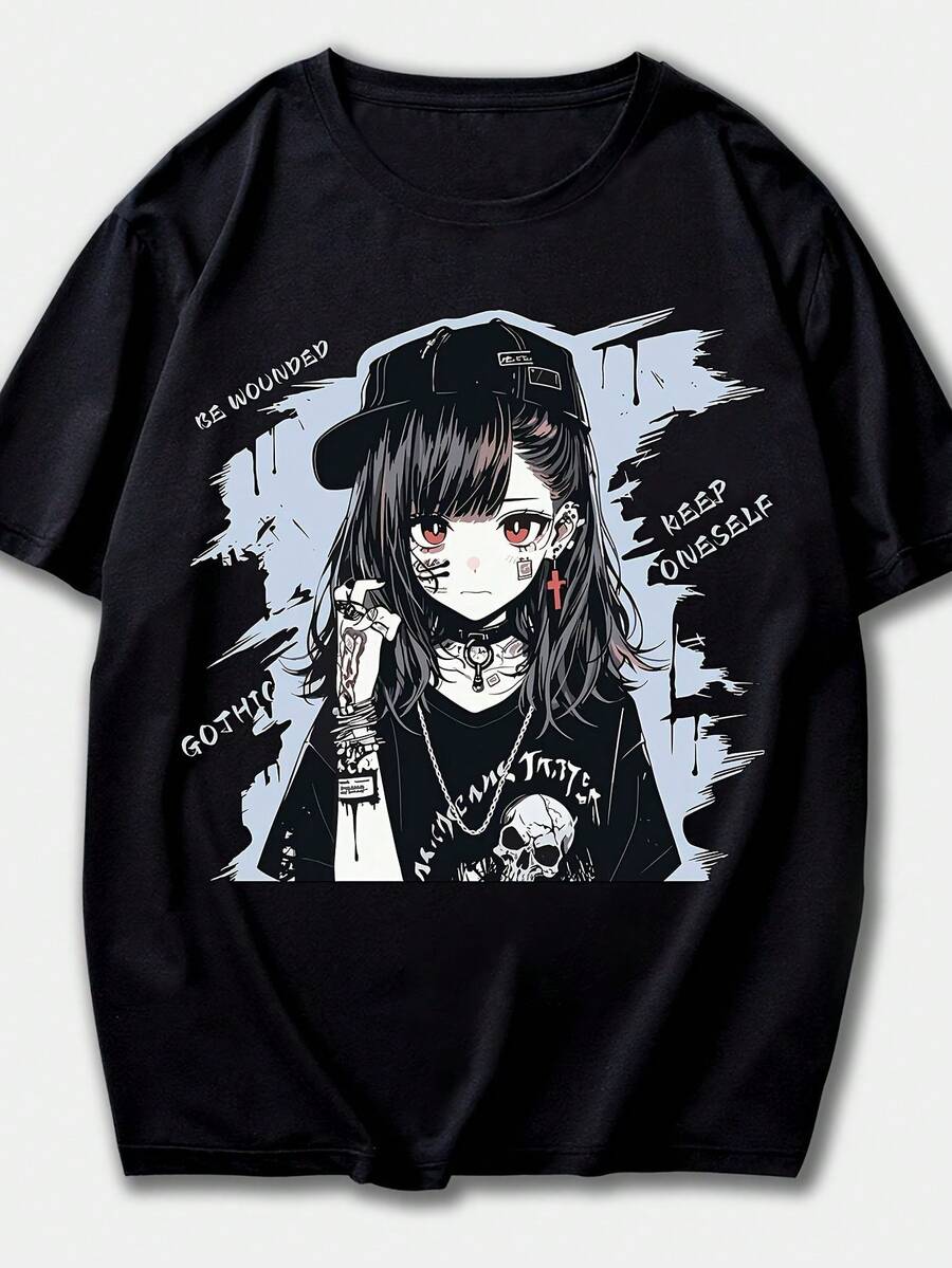 Men's T-Shirt, Anime Punk Print T-Shirt, Short Sleeve T-Shirt With Round Neck, Urban Casual Knit Top, Suitable For Adults, Regular Fit For All Seasons - Black, Anime Clothing. - 黑色 - 查看 1