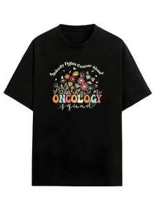 Camiseta Negra de Manga Corta Oversize con Estampado Floral Colorido de Oncología, Ropa Casual con Gráficos, Playera Holgada para Mujer - Negro - Ver 3
