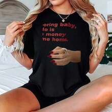 2026 Camiseta Negra de Manga Corta con Lema y Estampado Gráfico a Mano - Ropa Casual Blusas Para Mujer Casual - Negro - Ver 9