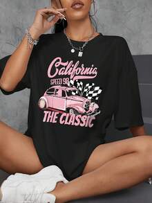 Women's Loose-Fitting T-Shirt With Print, Short-Sleeved Crew Neck T-Shirt With Classic California Car Print For Women, Stylish Design, Soft And Comfortable Fabric, For Everyday Wear, As A Gift,% - 黑色 - 查看 11