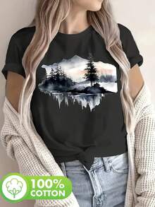 Camiseta de Mujer - Camiseta con Estampado Gráfico de Paisaje Montañoso en Acuarela - Transpirable, de Manga Corta y Cuello Redondo, Top Casual para Primavera y Verano, Lavable a Máquina - Camisetas para Salir de Mujer - Blanco - Ver 6
