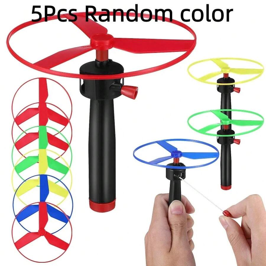 5 Colorful Plastic Flying Discs With String For Play, Toy Helicopter For Kids, Outdoor Flying Magic Game, Outdoor Activities - Black - View 1