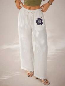 PETITE Pantalones anchos de pierna ancha con estampado floral y cintura con lazo para mujer, pantalones de playa de 100% algodón para verano - Blanco - Ver 4