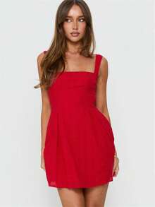Women's Flower Embroidery Boho Mini Dress Backless Self-Tie Bowknot Square Neck Wide Straps Ruffle Mini Dresses Sleeveless Summer Vacation Short A-Line Dress - 紅色 - 查看 2