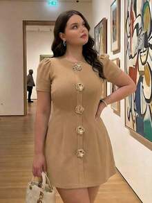MOD Vestido negro vintage glamoroso de talla grande para mujer con acentos de rosa metálico - perfecto para estética, look preppy, citas, fiestas, vacaciones, meriendas, cumpleaños, uso en la oficina y para ir y venir, con aire de dinero antiguo.Primavera/Verano - Caqui - Ver 8