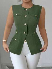 ajustado de estilo francés minimalista, versátil y cómodo con abertura frontal, adelgazante, blazer de verano para mujer de talla grande de tejido tejido elegante y sofisticado - Verde militar - Ver 7
