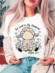 Camiseta con estampado gráfico para la Pascua cristiana, con diseño de manga corta y cuello redondo, perfecta para uso casual en primavera y verano, diseñada para mujeres.Camisetas Clásicas de Cuello Redondo de Algodón con Estampado de Moda, Ligeras y Transpirables, Cómodas y Frescas - Blanco - Ver 10