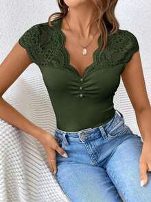 Camiseta Ajustada De Manga Corta Con Borde De Encaje Para Mujer - Verde - Ver 1
