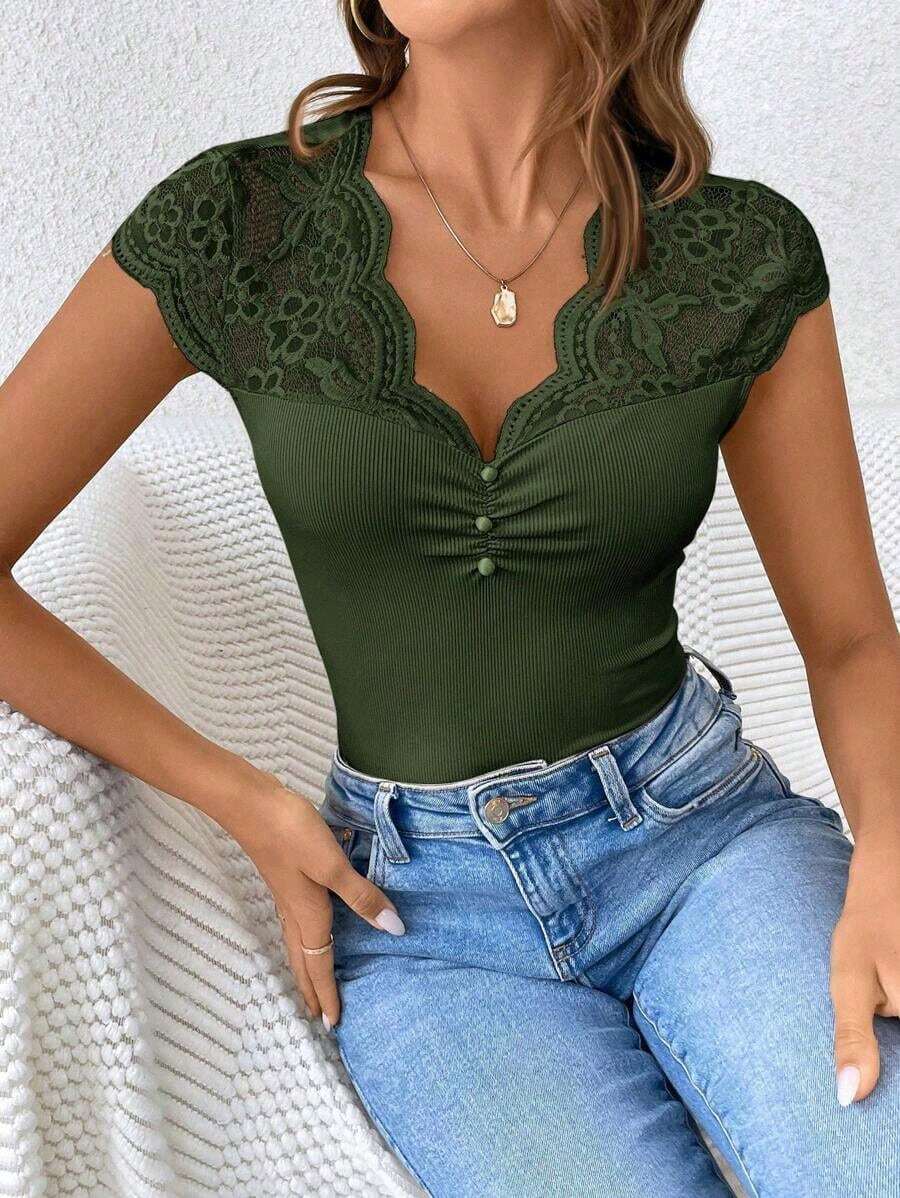 Camiseta Ajustada De Manga Corta Con Borde De Encaje Para Mujer - Verde - Ver 1