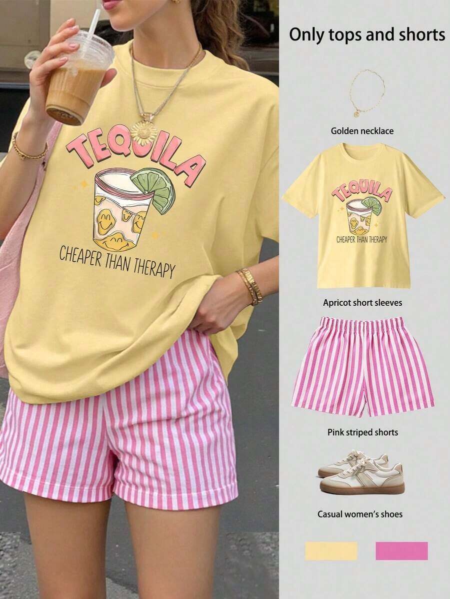 Conjunto de top de manga corta holgado y shorts a rayas con estampado de TEQUILA para mujer, traje de mujer, conjunto de dos piezas para mujer, conjunto de verano para mujer, ropa de vacaciones, atuendo de viaje, estilo de playa, ropa de vacaciones minimalista en blanco - Amarillo - Ver 1