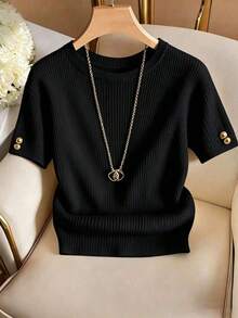 Camiseta de punto de cuello redondo elegante, camiseta de punto de moda minimalista, nuevo diseño de verano - Negro - Ver 5