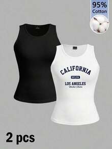 2 piezas de camiseta de tirantes de mujer de ajuste ceñido con estampado minimalista de letras de California en negro y blanco - 95% algodón, para primavera y verano, uso en todas las estaciones, vuelta al colegio, ropa de casa y deporte, estilo re - Blanco y Negro 3 - Ver 2