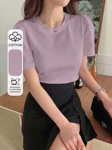 Camiseta sólida con mangas abullonadas, tops cortos para mujer - Púrpura polvoriento - Ver 7