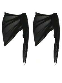 Conjunto de falda cubierta de verano para mujeres en vacaciones en la playa con cintura ajustable y unicolor - Negro - Ver 2