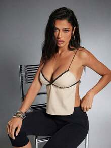 Top corto de camisola con espalda descubierta y detalle de contraste en el frente con lazo para mujer, ideal para vacaciones - Albaricoque - Ver 7
